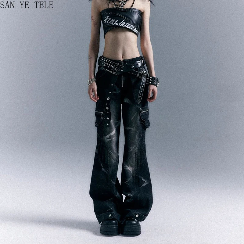 القوطية غسلها Y2k فضفاض مضيئة الجينز المرأة منخفضة الارتفاع برشام خمر الدنيم بنطلون Harajuku اليابانية البضائع الجينز السراويل الملابس