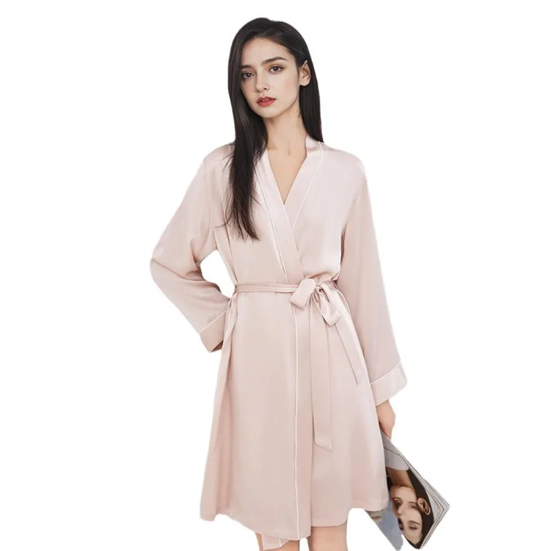 

2025 Spring Autumn Women's Luxury Silk Nightgown 100% Mulberry Silk Lightweight Morning Loungewear Long Sleeved Robe XL Size