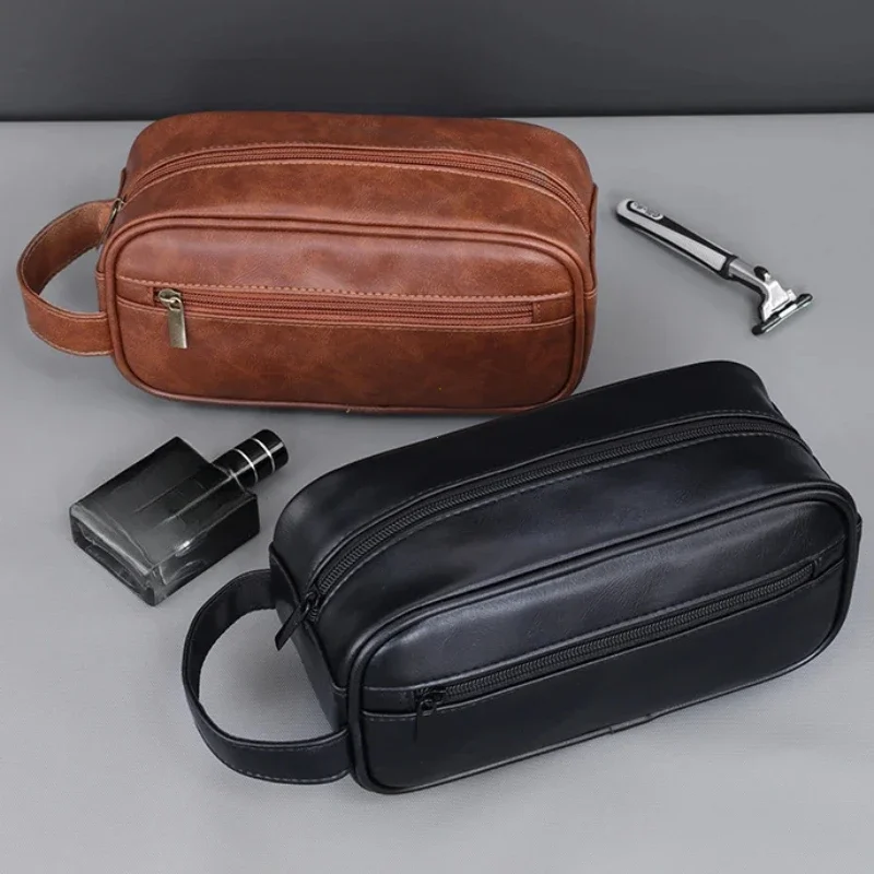Bolsa de lavado de cuero para hombre, bolsa de cosméticos portátil para viajes de negocios, gran capacidad, diseño multibolsillo, bolsa de lavado de cuero de mano