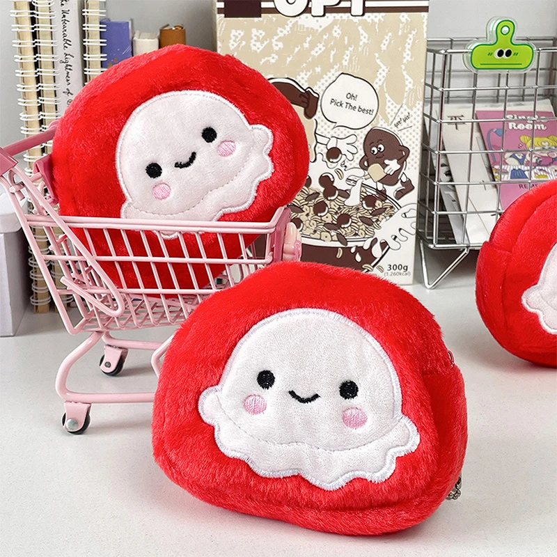 1Pcs Cute Cartoon Red Octopus Plush Coin Purse Portable Mini Zipper Wallet With Keychain Earphone Key ID Credit Card Storage Bag