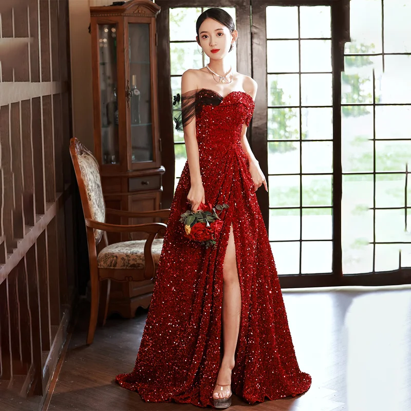

It's Yiiya Customized Evening Dress Burgundy Short Sleeve Sequins A-Line Slit Floor-Length Plus size Woman Party Formal Gowns
