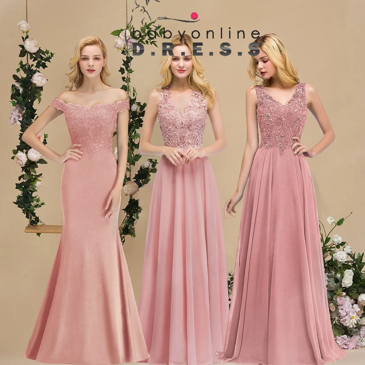 BABYONLINE Empire Bridesmaid Dress Scoop Neckline Lace Pearls Beadings Bodice Cover Back Chiffon Formal Ball  Gowns A-line Skirt