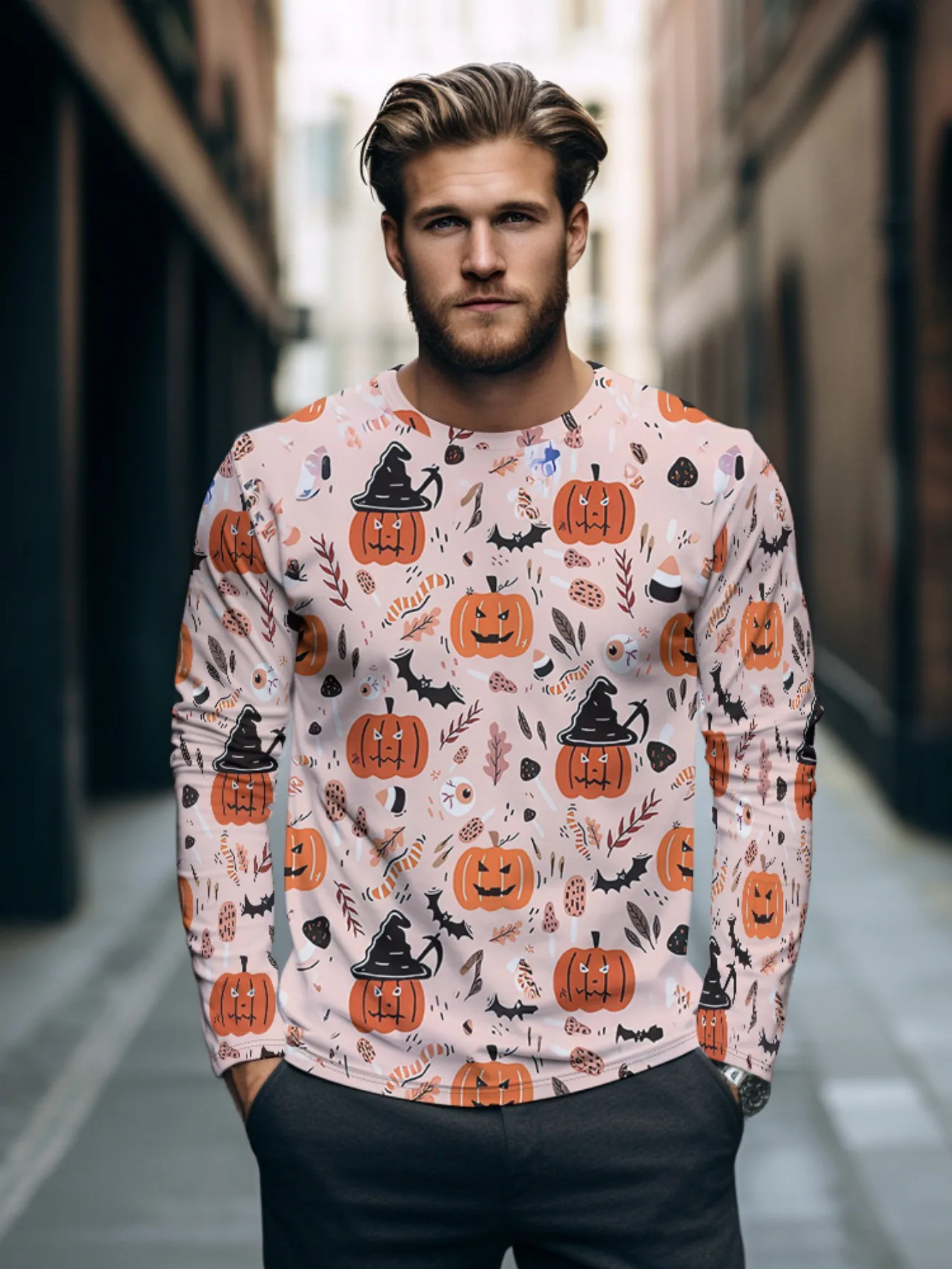 

​ ​ Мужская футболка с 3D принтом тыквы и летучей мыши Autumn Horror Essential 2025, легкая полиэстеровая футболка на осень Хэллоуин ​