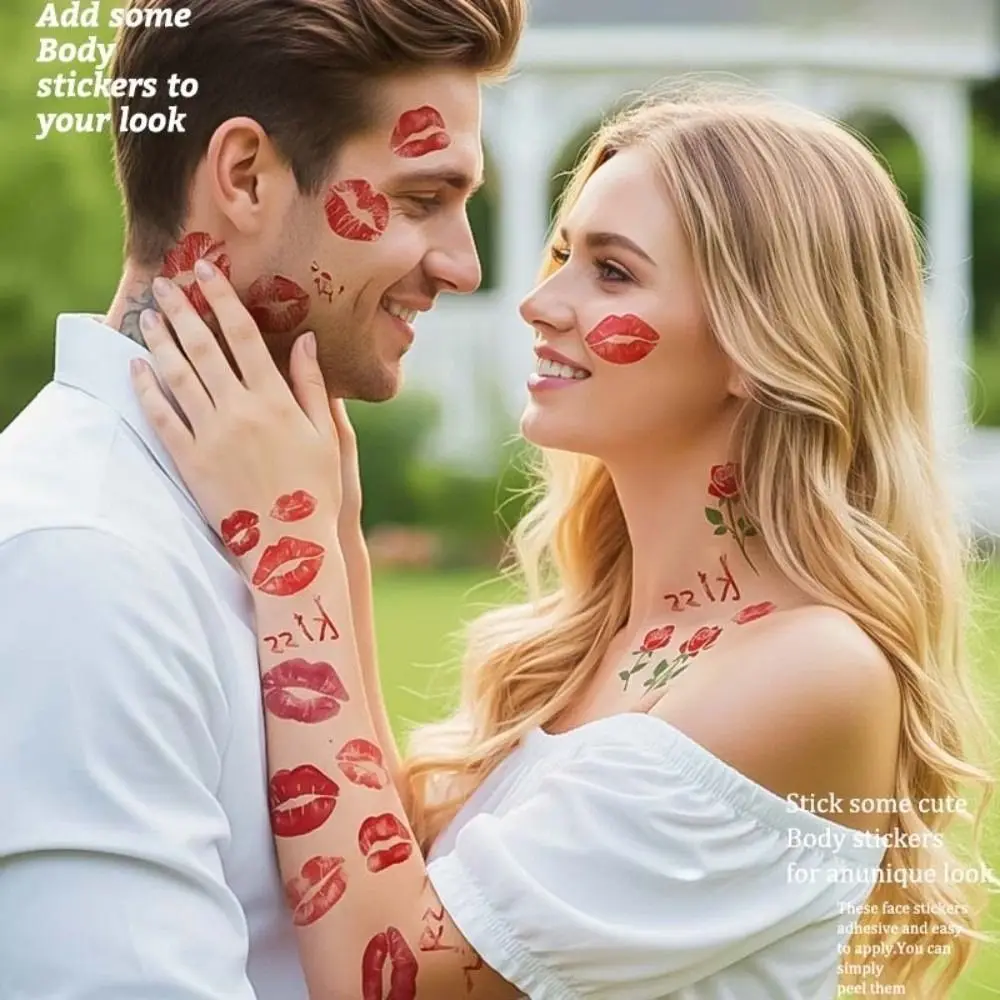 Waterproof Valentine Day Kiss Lip Stickers Leopard Print Pink Bow Cherry Lips Face Temporary Tattoos Kiss Lip Shape Disposable