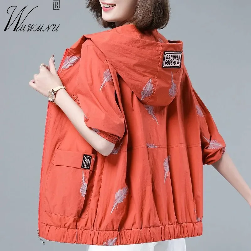 

Casual Printing Oversize 95kg Hooded Jackets Women Fashion Loose Pocket Short Chaquetas Mujer Spring Thin Sun Protection Jacket