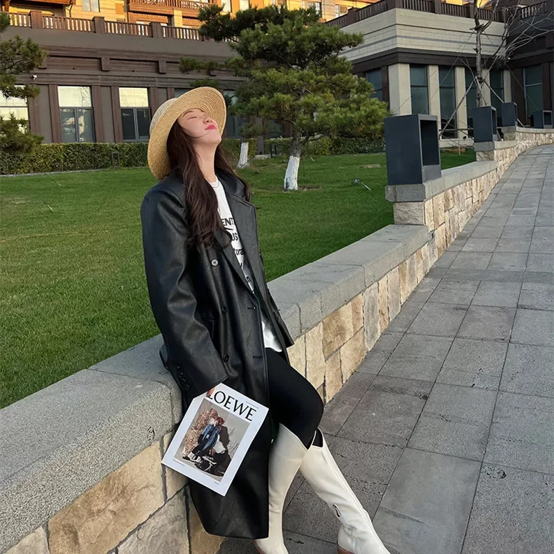 2023 frühling Vintage Schwarz Zweireiher Lange Faux Leder Winddicht Mantel Revers Langarm Weibliche Motorrad Jacke Streetwear