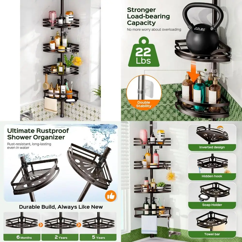 

Rust-Resistant Tension Pole Shower Caddy, Adjustable 47-121 inches, Bronze Corner Shelf Organizer with Soap Holder for Renters,