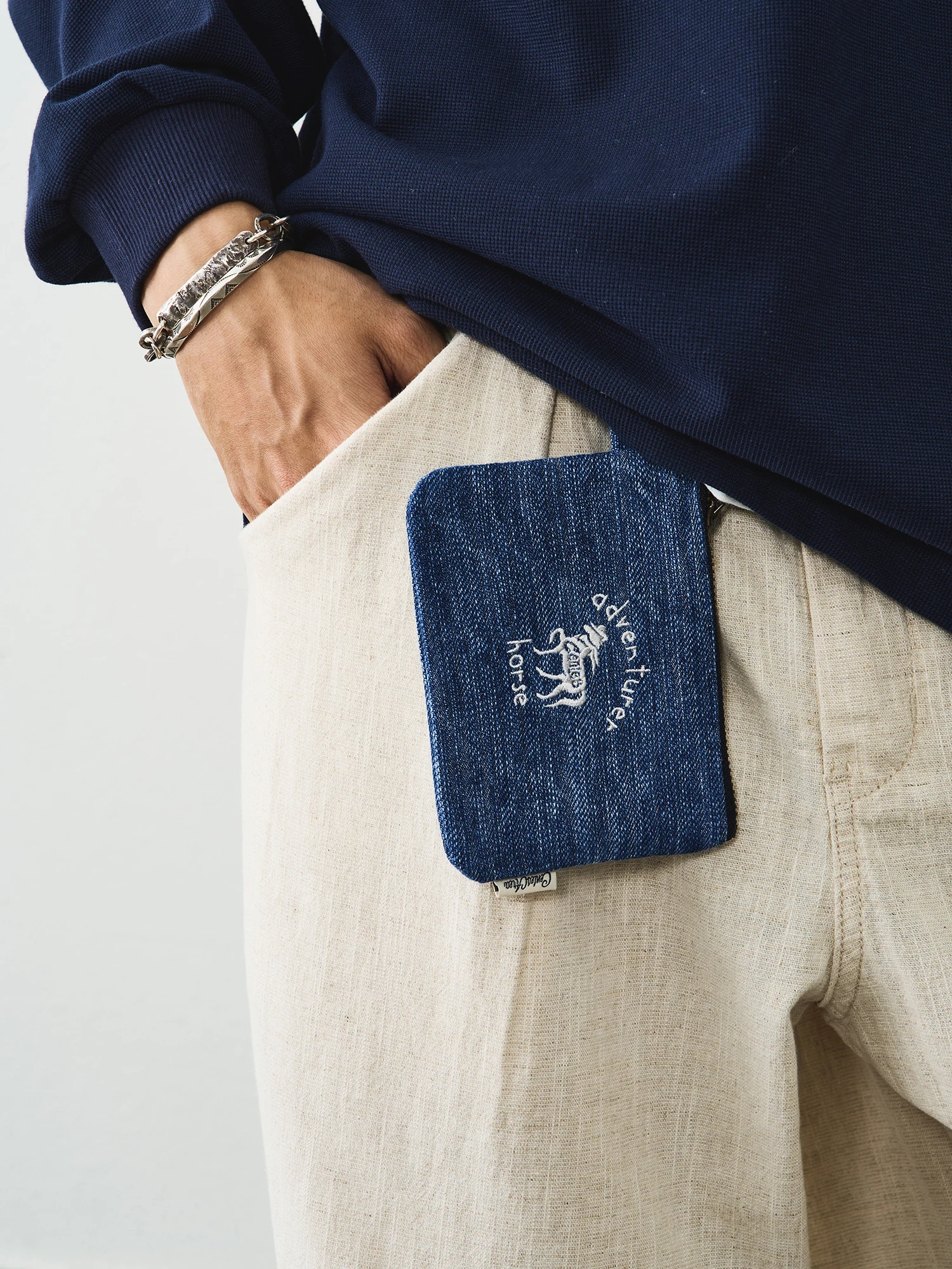 CENLES Washed Denim Bamboo Texture Key Holder Coin Purse Retro Artistic Style Square Shape for Students Men And Women