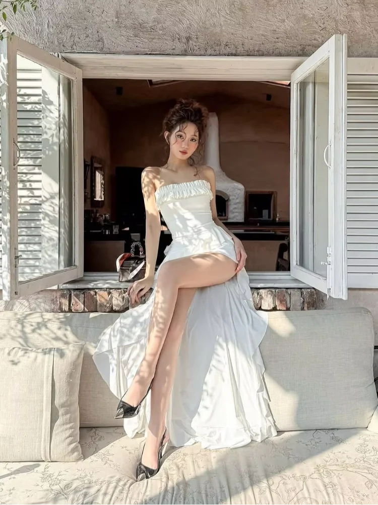 Women's Ruffled-trim Strapless Maxi Dress Tiered Asymmetric Ruffle Skirt Bodycon Silhouette Elegant Casual Style Vestido 2026