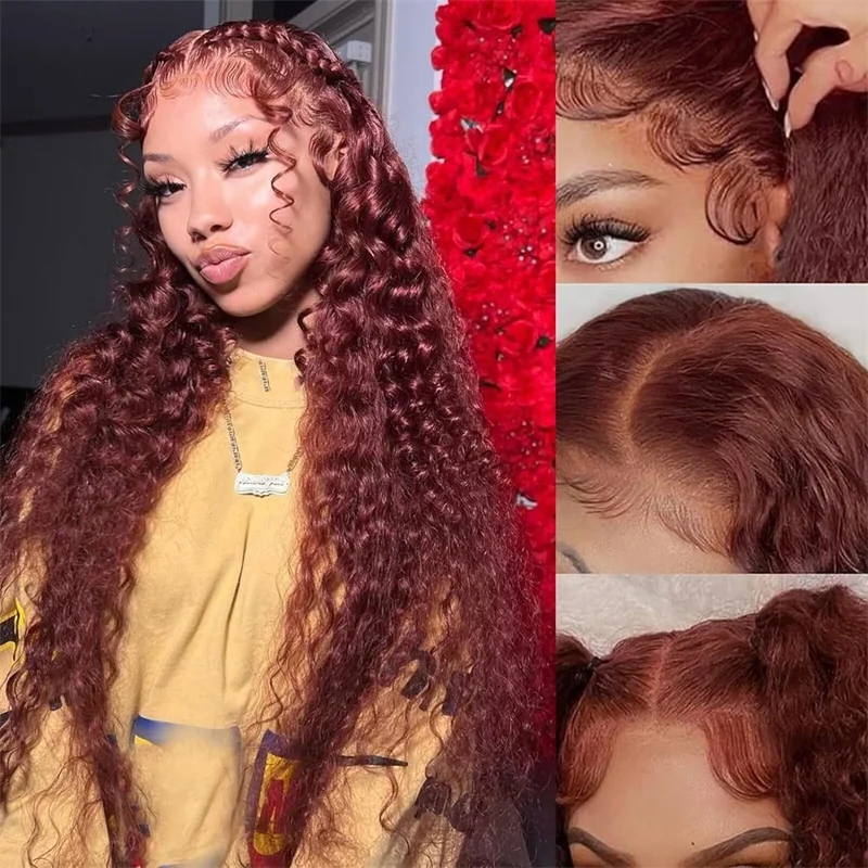 Reddish Brown 360 HD Transparent Deep Wave Lace Frontal Wig 40 Inch #33 Colored Deep Curly Human Hair Wigs Full Lace Front Wigs