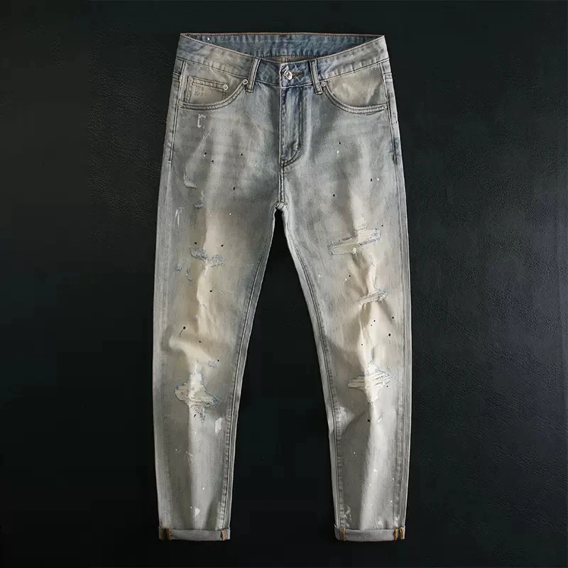 Vintage Washed Light Blue Men's Y2K Designer Street Fashion Jeans Elastic Slim Fit Colored Split Detailing