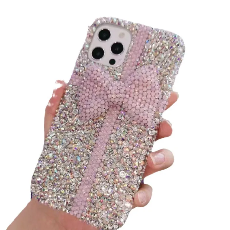 

Luxury Glitter Phone Case Bedazzled Beautiful Pink Butterfly iPhone 16 Protect Cover Hand-applied Rhinestone Mobile Case Gift