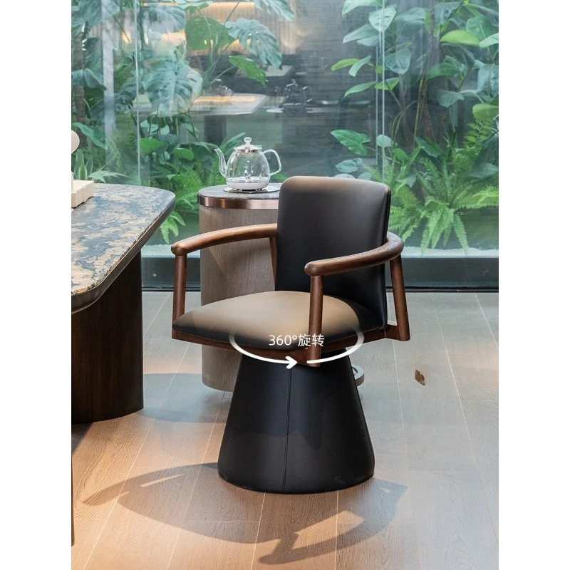 

Medieval black walnut tea wooden chair household leather ash wood master chair