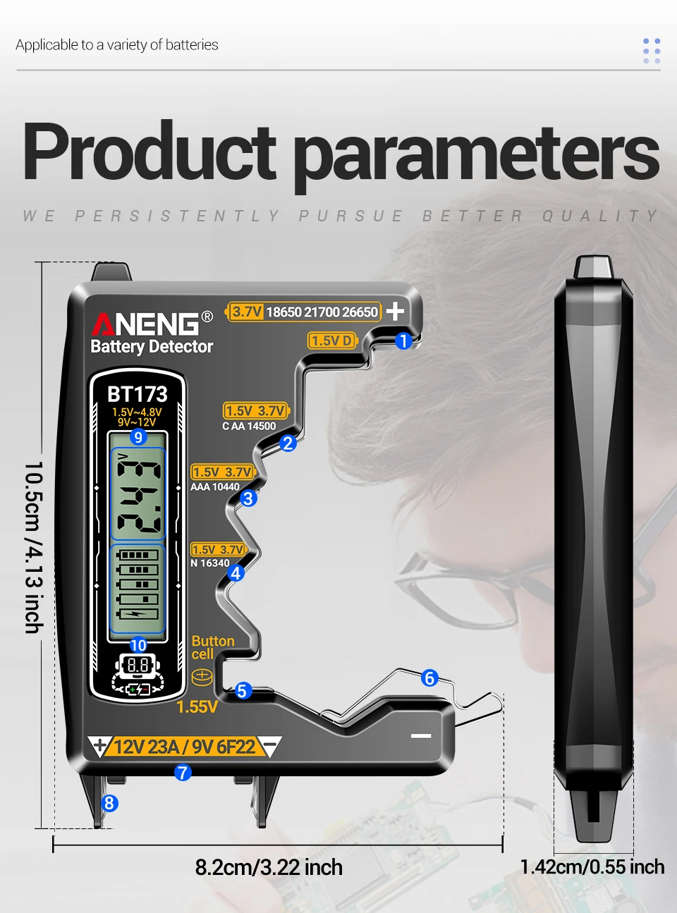 ANENG SZ305 Digital Multimeter AC / DC Spannungs-Ammeter-Kondensator hFE Triode NCV Spannungsinduktionsdetektor + BT173 Universal Digital Display Batterie-Tester Professioneller Elektriker-Werkzeuge-Kit – Detail 29