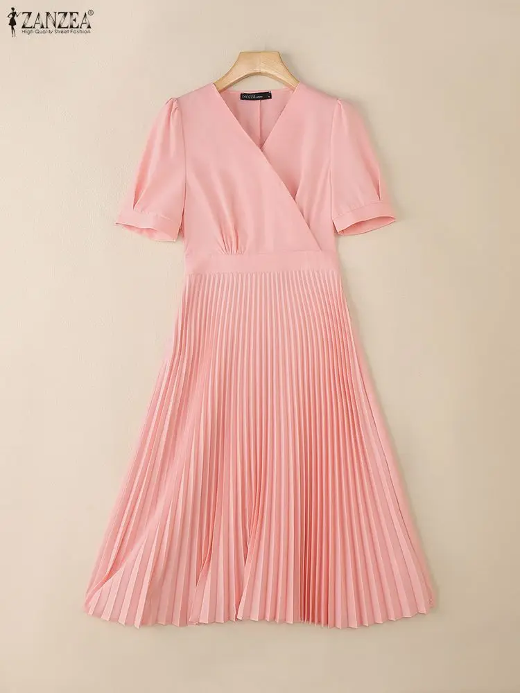 ZANZEA 2025 robes plissées élégantes femmes élégant col en V robe de soirée été robe d'été à manches courtes solide une ligne OL travail robes