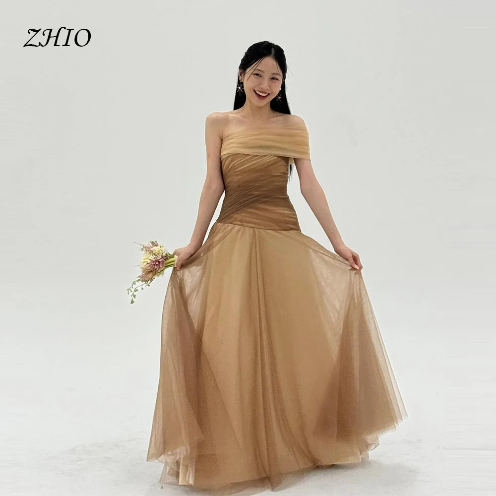 

ZHIO Champagne Fluttering Dress Tulle Korean Gowns Strapless Sleeveless Customized Dresses Floor Length Formal Gowns 웨딩드레스