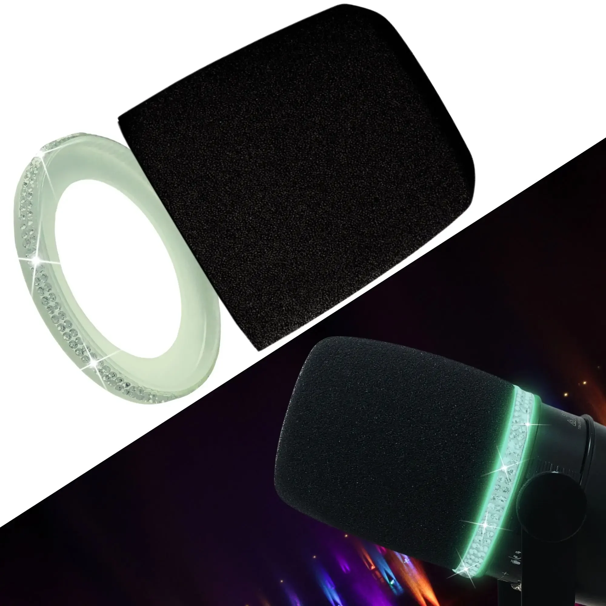 Rhinestone Sparkly Foam Pop Filter for Shure MV7 MV7X Microphone Boom Arm, Sponage Windscreen Mic Cover Accessory