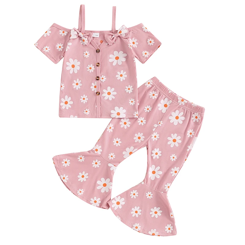 

Baby Girl 2Pcs Summer Outfits Off Shoulder Floral Print Tops Flare Pants Set Toddler Clothes