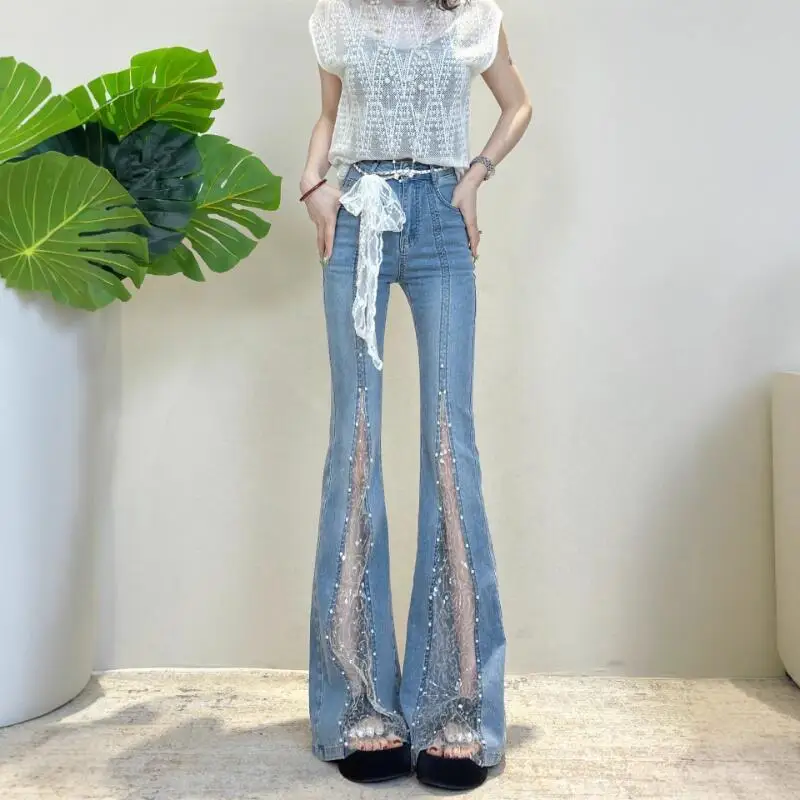 Hot 2026 Spring Summer New Fashion Womenwear Blue Lace Hot Diamond Splicing Thin Jeans Elegant Sweet High Waist Wide Leg Jeans