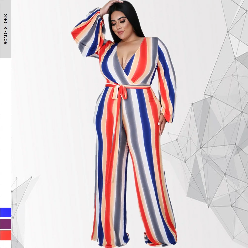 

Large Size Jumpsuit Women Slim Stripe Print Long Sleeve Rompers Playsuits With Sashes One Piece Spring Sexy Outfits Wholesale