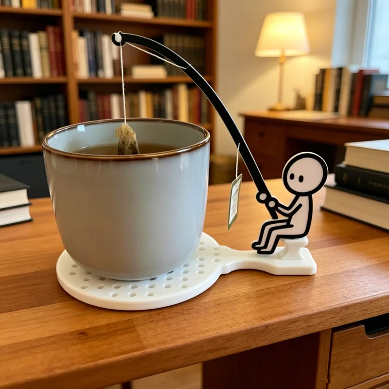 Creative and fun little man fishing coaster tea bag holder, stretchable rope to control interest drinking water tool