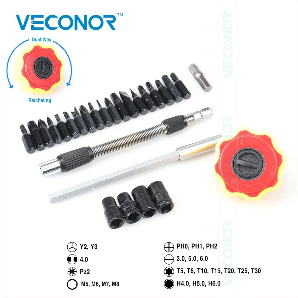 

Ratcheting Palm Screwdriver bits Set Reversible 2 Way Flexible Extension Bar 27 in 1 CRV Steel Tool