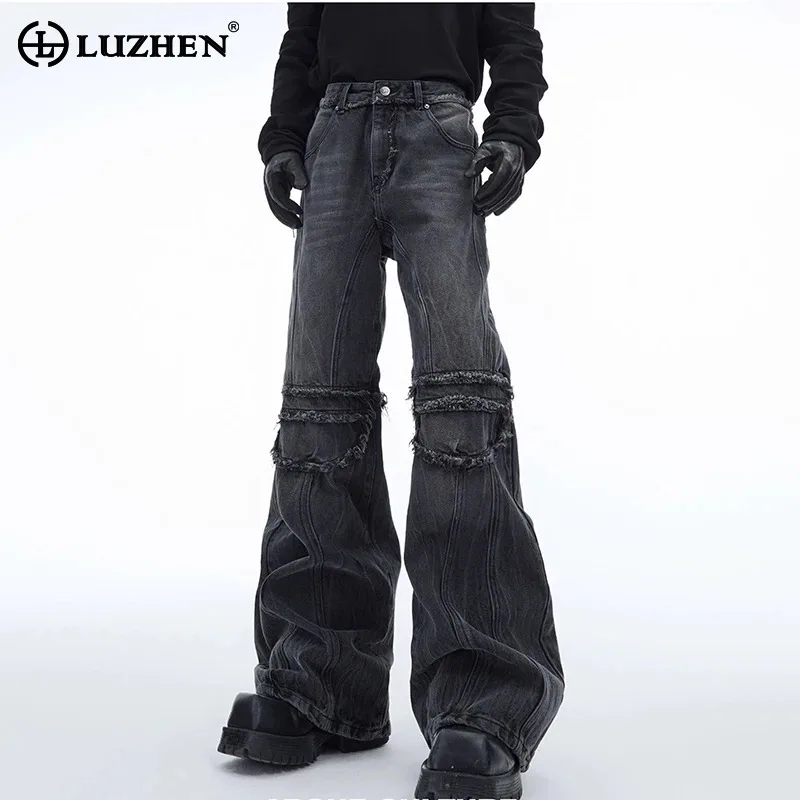 LUZHEN Wide Leg Jeans Washed Wornout Burr Design Personalized Street American Men's Clothing Straight Tube Denim Pants LZ7889