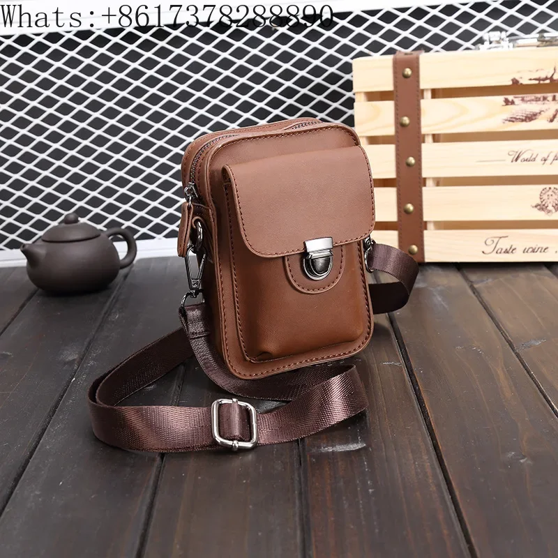 New Retro Mobile Phone  Korean Men's Leather Shoulder  Outdoor Casual Mini Waist Crazy Horse Bag