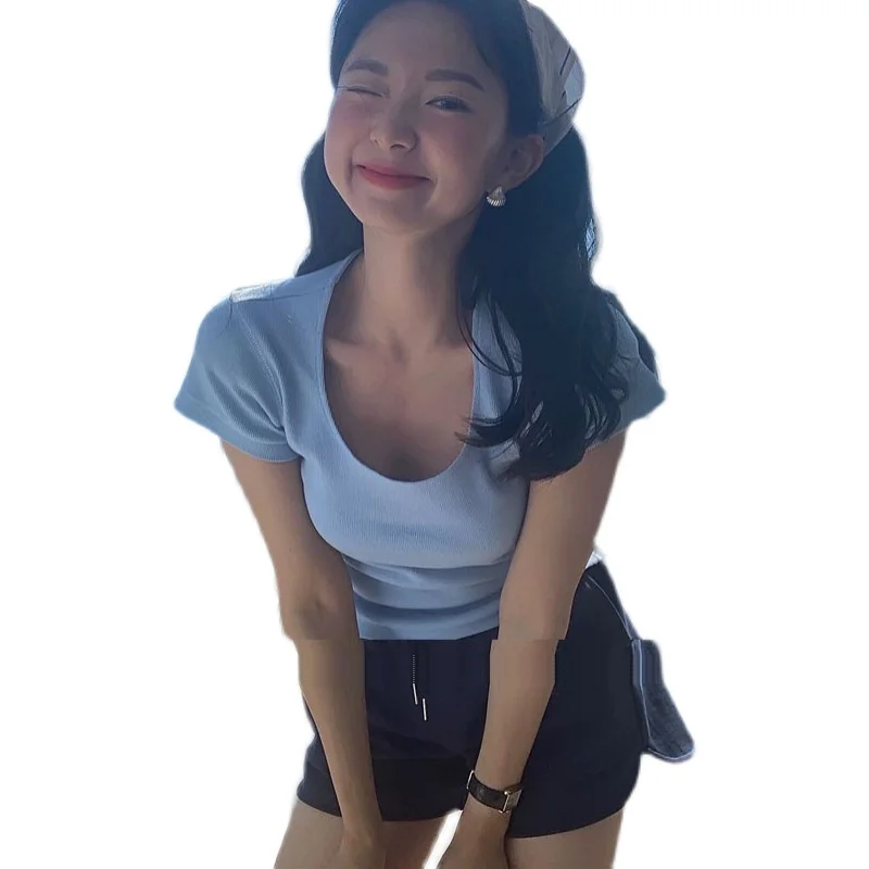 

Синяя вязаная футболка ort Sve, женская облегающая футболка с квадратным воротником, сексуальный летний топ Pure Desire Bodycon Sle Commute Faion