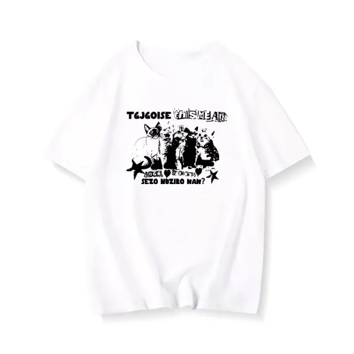 American Retro College Style Men/Women Summer New Cat Print Oversize Short Sleeved T-shirt image 4