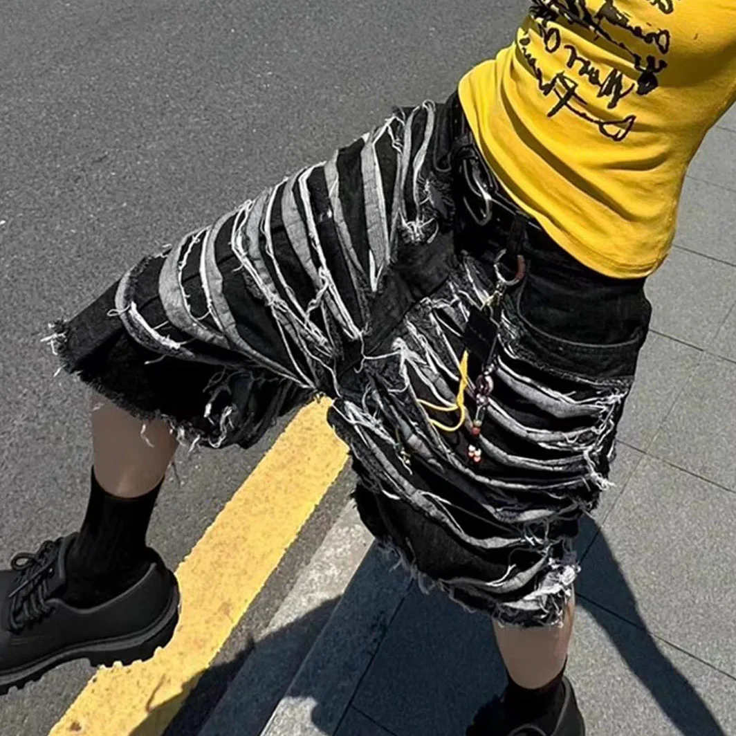 

Harajuku Hip Pop Vintage Black Retro Washed Denim Shorts Women Summer High Waist Casual Loose Y2K Streetwear Mid Long Jeans