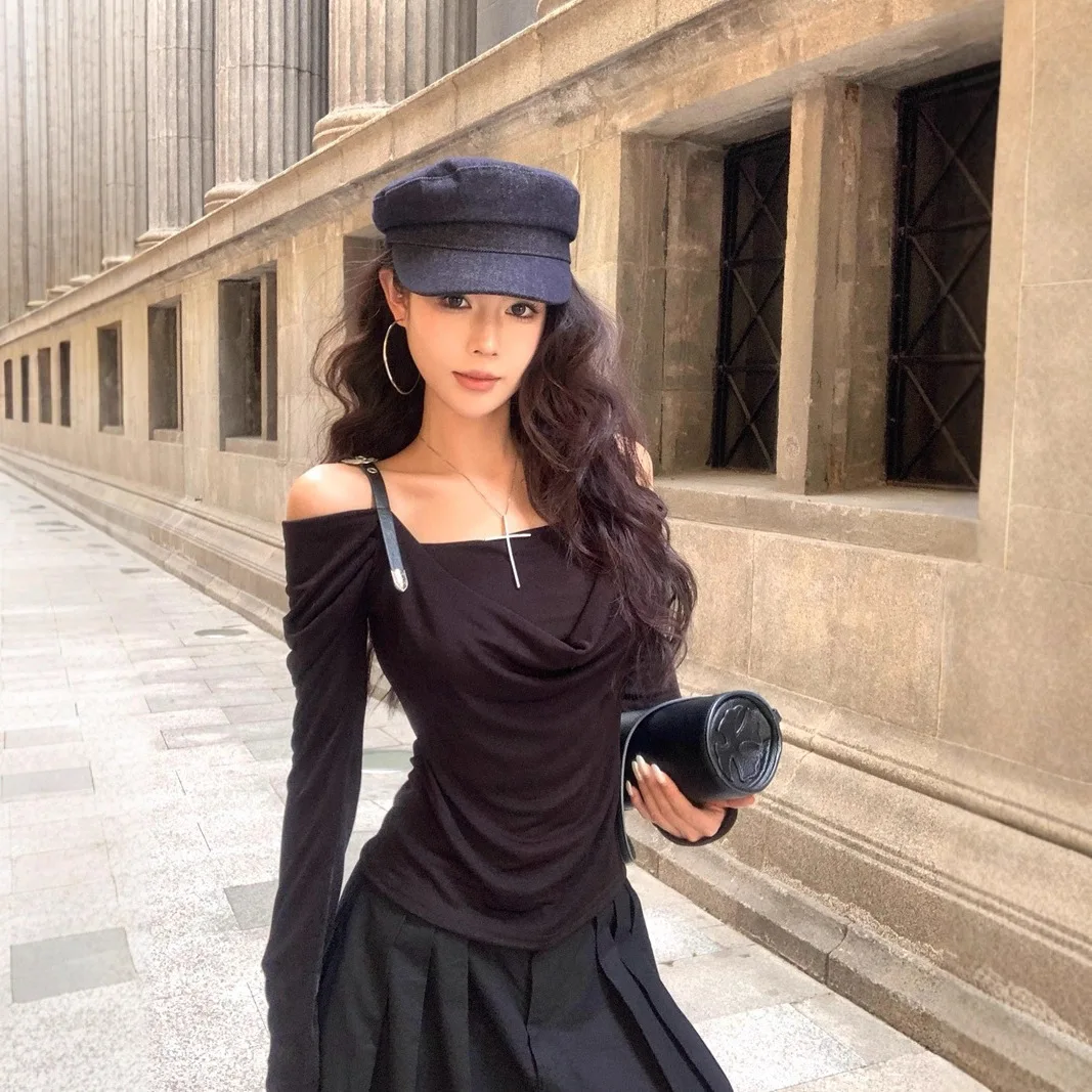 2025 Autumn Women Design Forward Off Shoulder Long Sleeve T Shirt Waist Cinched Slimming Draped Collar Top With White Base Layer