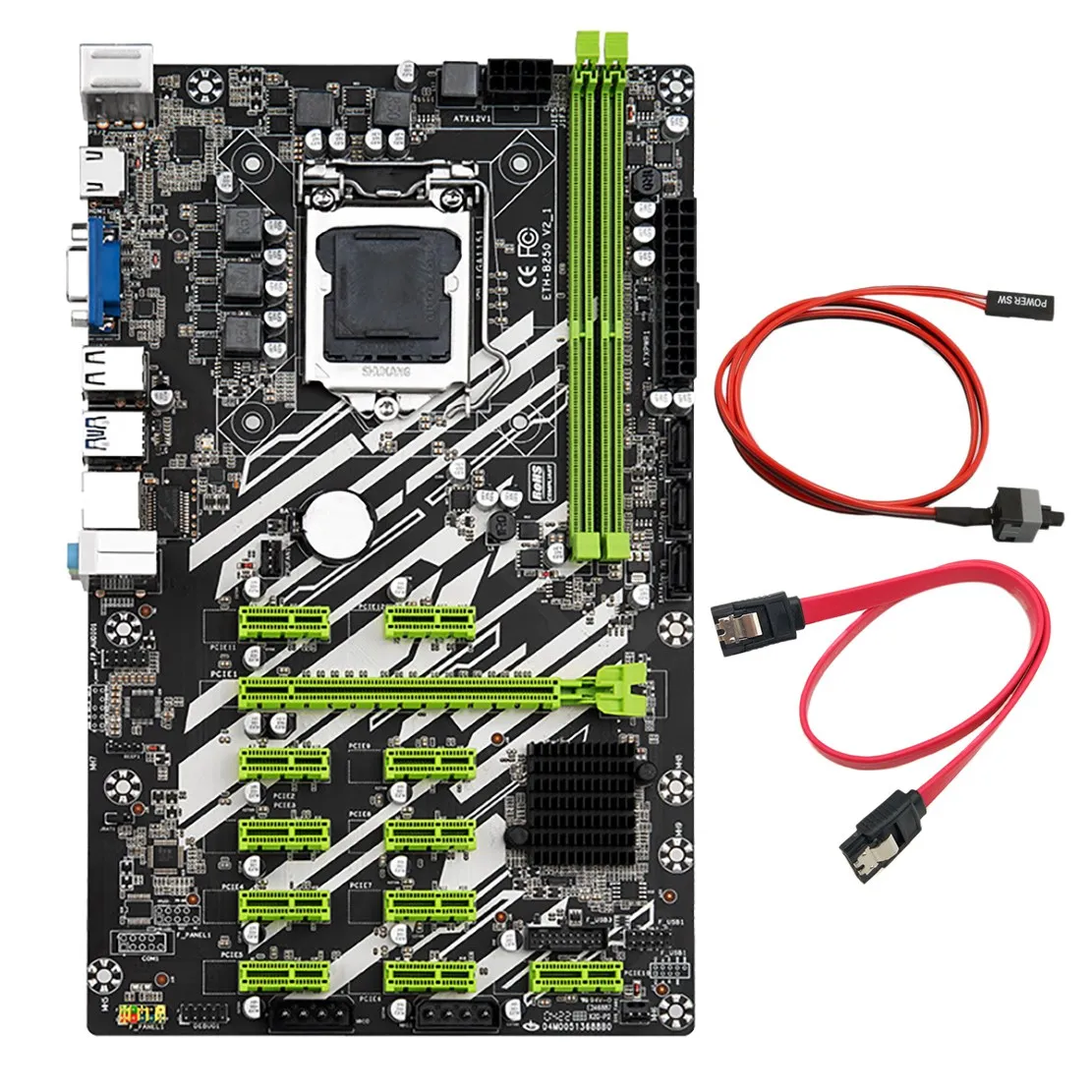 

Материнская плата B250 BTC для майнинга с кабелем коммутатора и кабелем SATA 12 слотов PCI-E LGA1151 DDR4 RAM SATA3.0 USB3.0 Поддержка VGA + HD