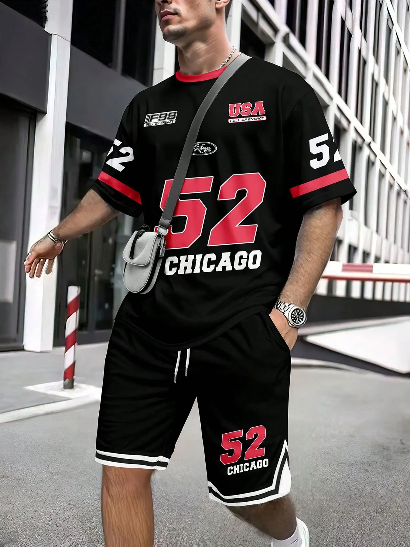 

Summer 2 Piece Set Men's Contrast Trim Crew Neck T-Shirt and 5 Inch Drawstring Pocket Shorts Chicago Digital Print Streetwear