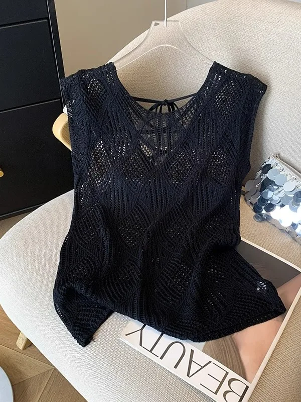 Gilet tricoté en soie glacée pour femmes, ajouré, grande taille, vêtements d'extérieur amples, haut Svel, coréen, été