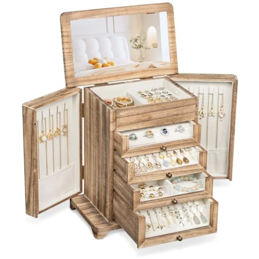 Large Jewelry Box and Organizer for Women, Wooden Jewelry Storage with 4 Transparent Drawers, Holds Necklaces, Rings, Bracelets