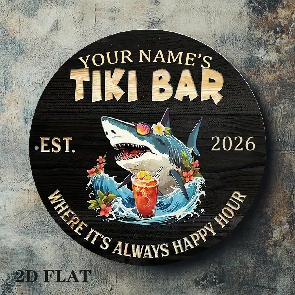 [2D Flat] 1pc Custom Personalized Round Tiki Bar Metal Sign, Cool Shark Cocktail Tropical Wall Decor (Only For Decoration)