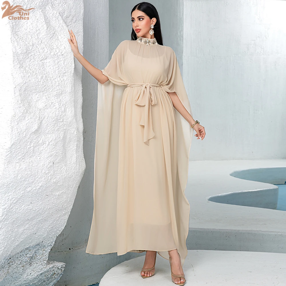 

Dubai Ramadan Eid Party 2 Piece Set Chiffon Abaya with Inner Dress Half High Neck Gown for Women Islamic Clothing Kaftan ﻿