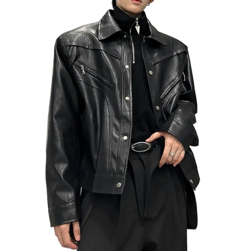 

New American Style Flip Collar Motorcycle Jacket Casual Loose Coats Men Short Padded Shoulder Leather Jacket Men's Spring Autumn