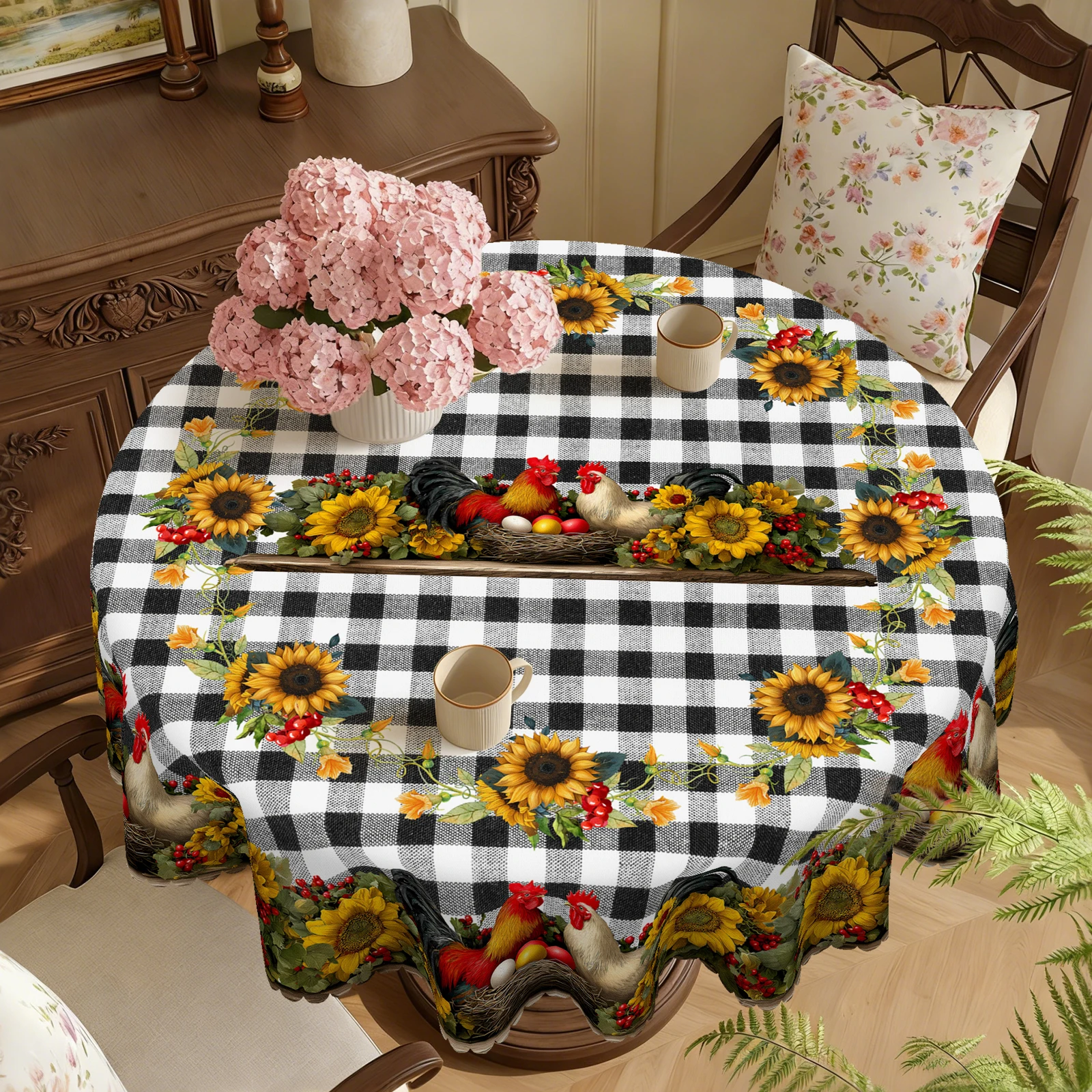 Farm Floral Themed Tablecloth, Vibrant Sunflowers, Delicious Berries, Cute Rooster Print Pattern, Classic Black and White Checkered Style, Multiple Size Options, Embossed Edges, Waterproof, Wrinkle-Resistant, Fade-Resistant, Round and Rectangular Options Available, Suitable for Indoor and Outdoor Dining Tables in Spring, Summer, Autumn, and Winter, Ideal for Home, Kitchen, Restaurant, Patio, Courtyard Use, Buffet Outdoor Parties and Camping, Perfect Gift Chicken3