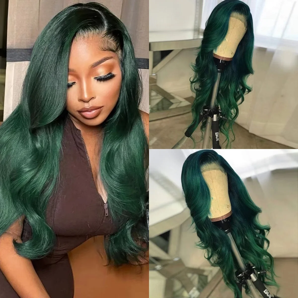 180 Density Dark Green 13x4 HD Synthetic Lace Front Wigs Body Wave Natural Hairline Tiny Konts Wig For Fashion Women Hallowen