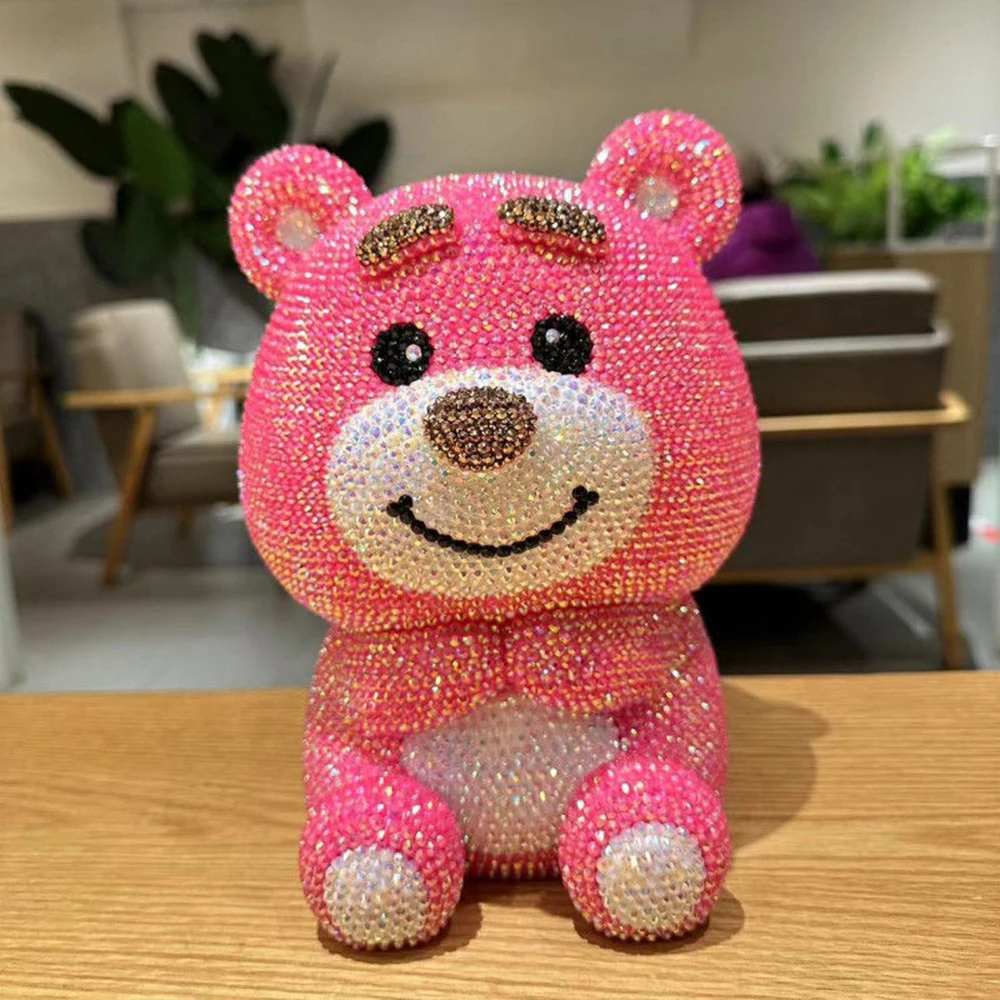 

Strawberry Bear Coin storage box 22cm Rhinestones Crystal Bling Bank Money Boxes Storage Kids Toys Home Decor Money Saving Box