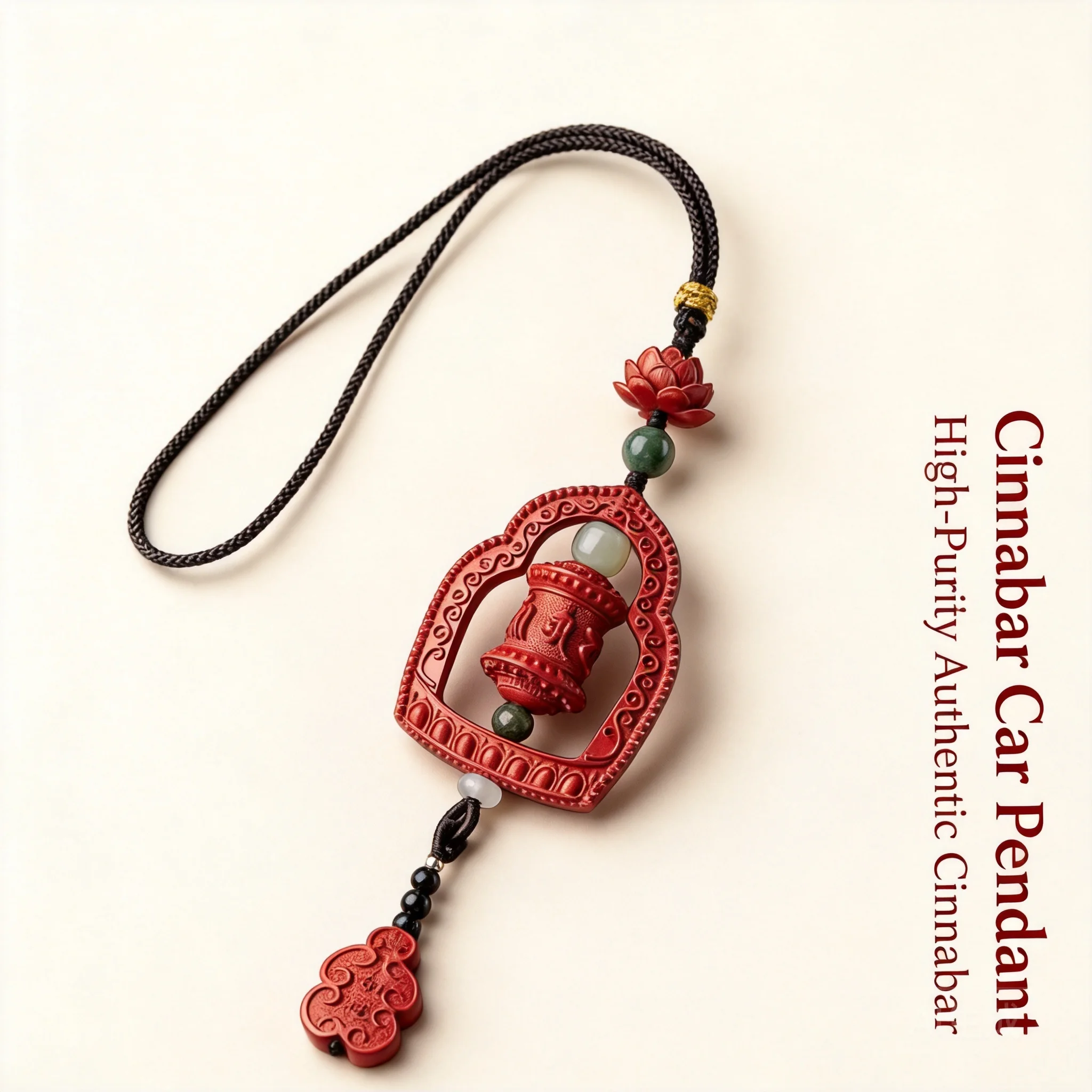 Chinese Style Lucky Cinnabar Rotatable Prayer Wheel Car Hanging Rearview Mirror Ornament Blessing Good Luck Wealth Protection