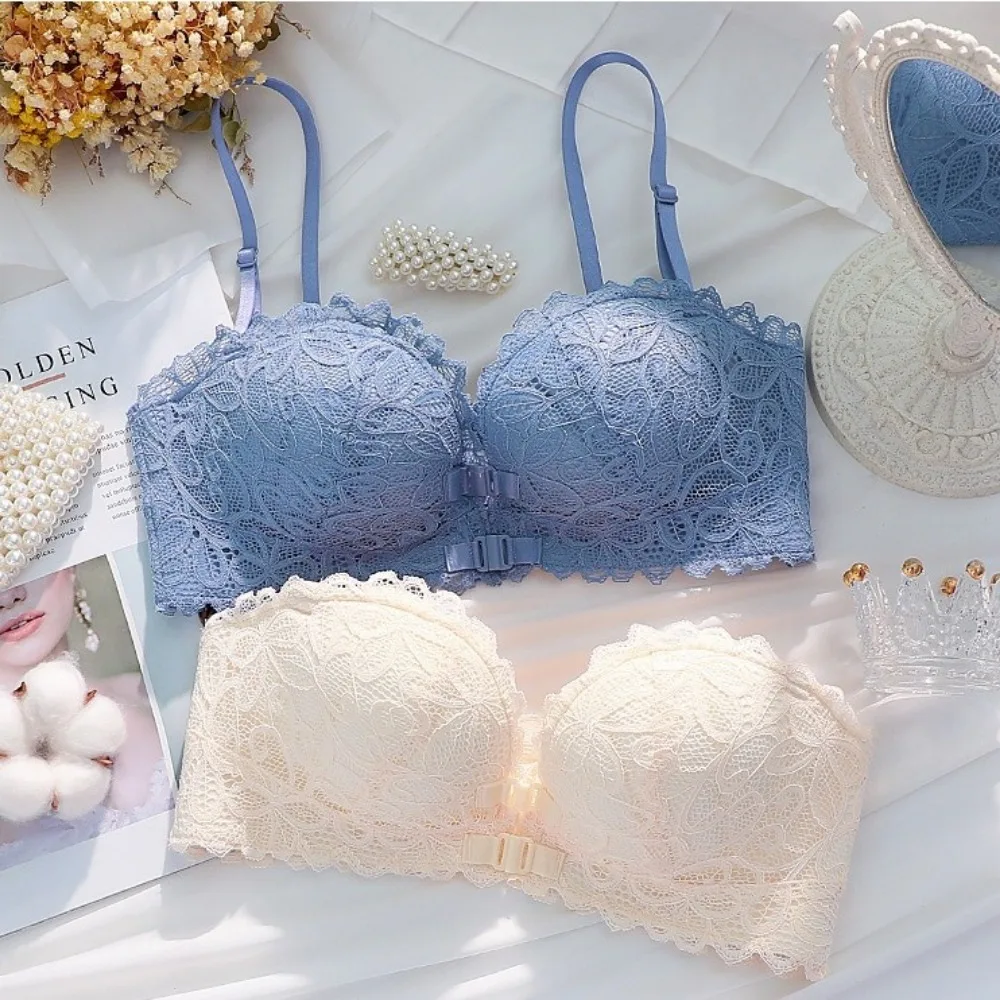 Beautiful Back Deep V Front Button Bra Push-Up Anti-sagging Wireless Bra Underwear Lace Gathered Bra Comfortable Wear
