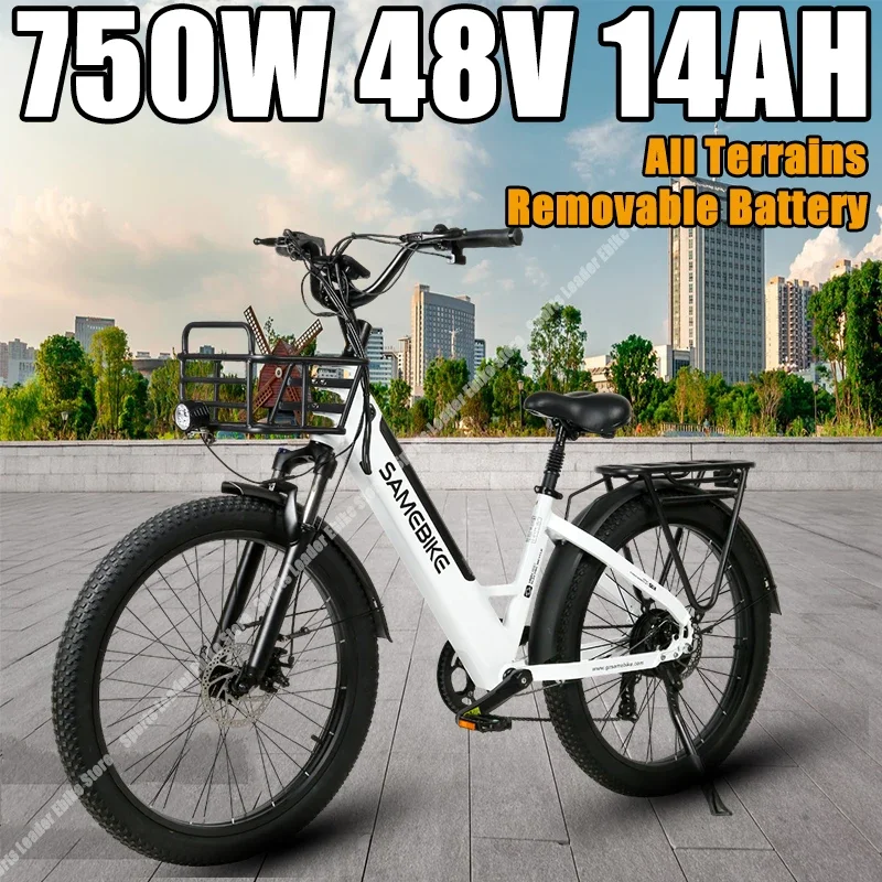 SAMEBIKE RS-A01 Electric Bike 750W 48V 14AH Removable Battery 26*3 Inch Tire Adult City Road Electric Bicycles With Basket Ebike