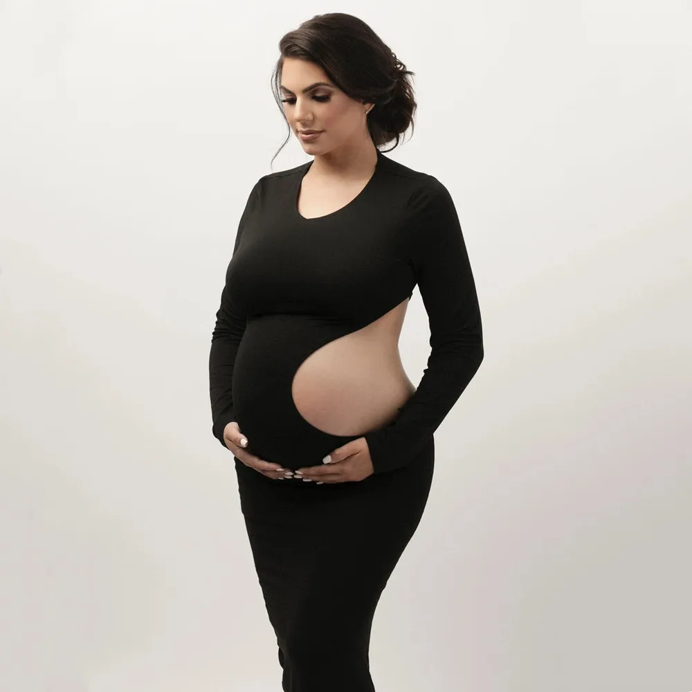 

Hollow Out Stretchy Maternity Photography Dresses Full Sleeve Pregnant Woman Photo Shoot Bodycon Dress