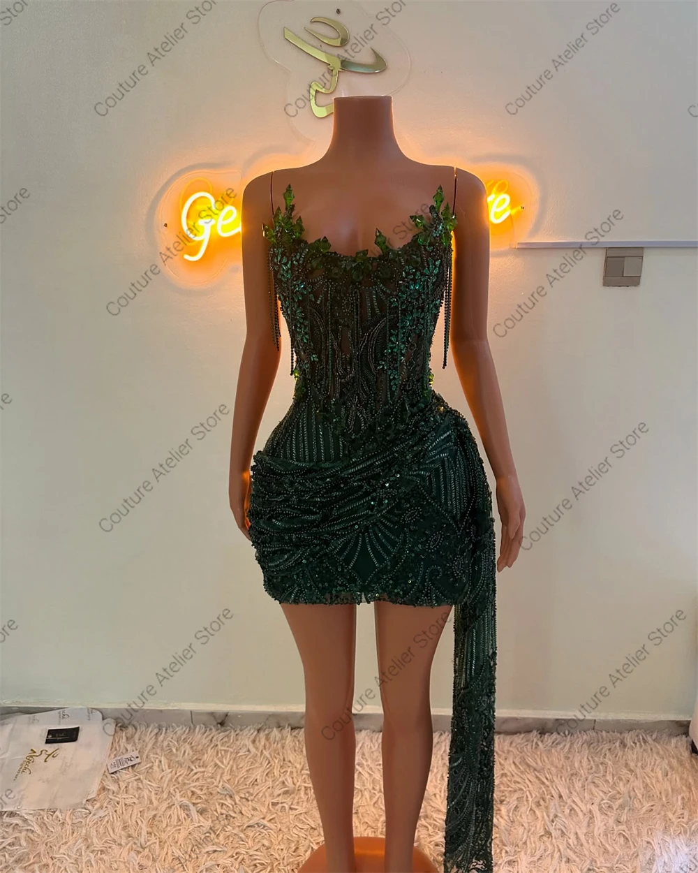 Dark Green Crystal Beading Homecoming Prom Dress Mermaid Mini Cocktail Gown Birthday Dress Luxury 2025 Blackgirl Customized image 3