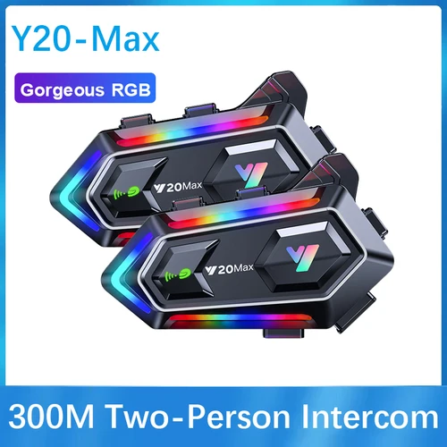 Y20 MAX-intercomunicador con Bluetooth para casco de motocicleta, intercomunicador RGB con efecto de luz colorida V5.3, batería de 1000mAh con mezcla, resistente al agua IPX6