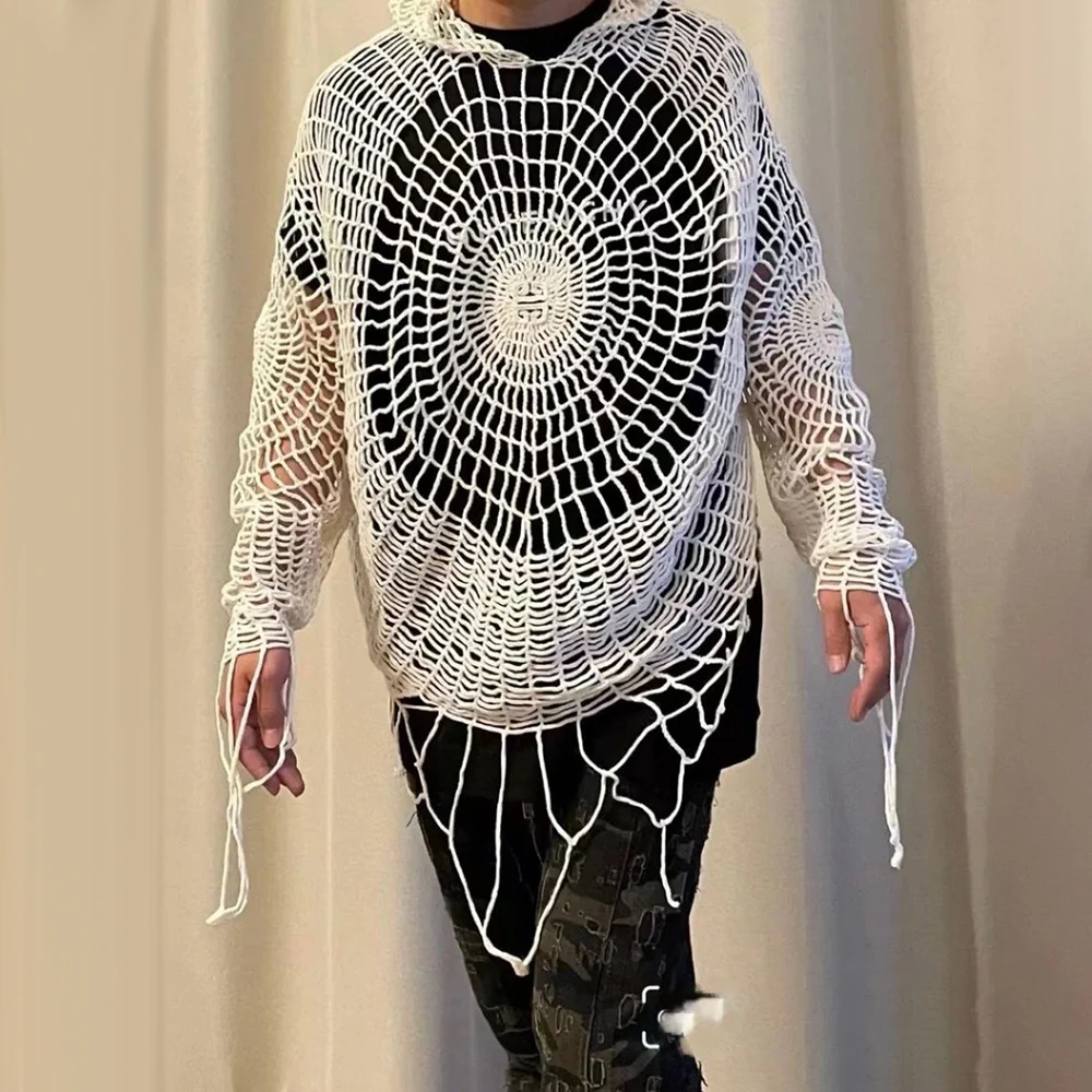 Mens Y2k Clothes Spider Web Hollow Knitted Top Design 2024 New Fashion Personality Streetwear Pullover Knitted Clothing Unisex