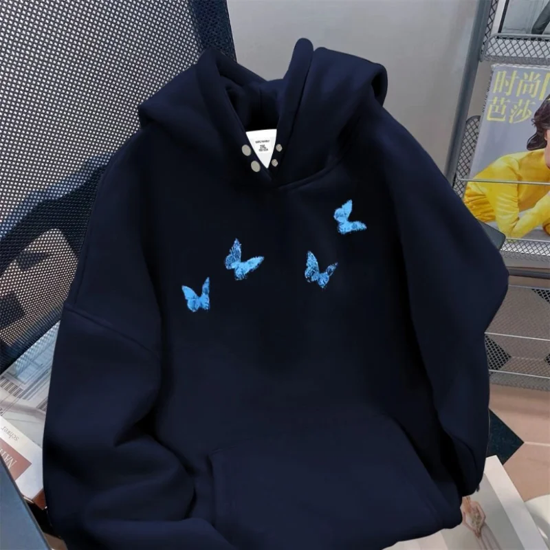 Cotton Button Hooded Sweatshirt for Women 2025 Autumn Winter Navy Blue Commuter Cute Top Trend